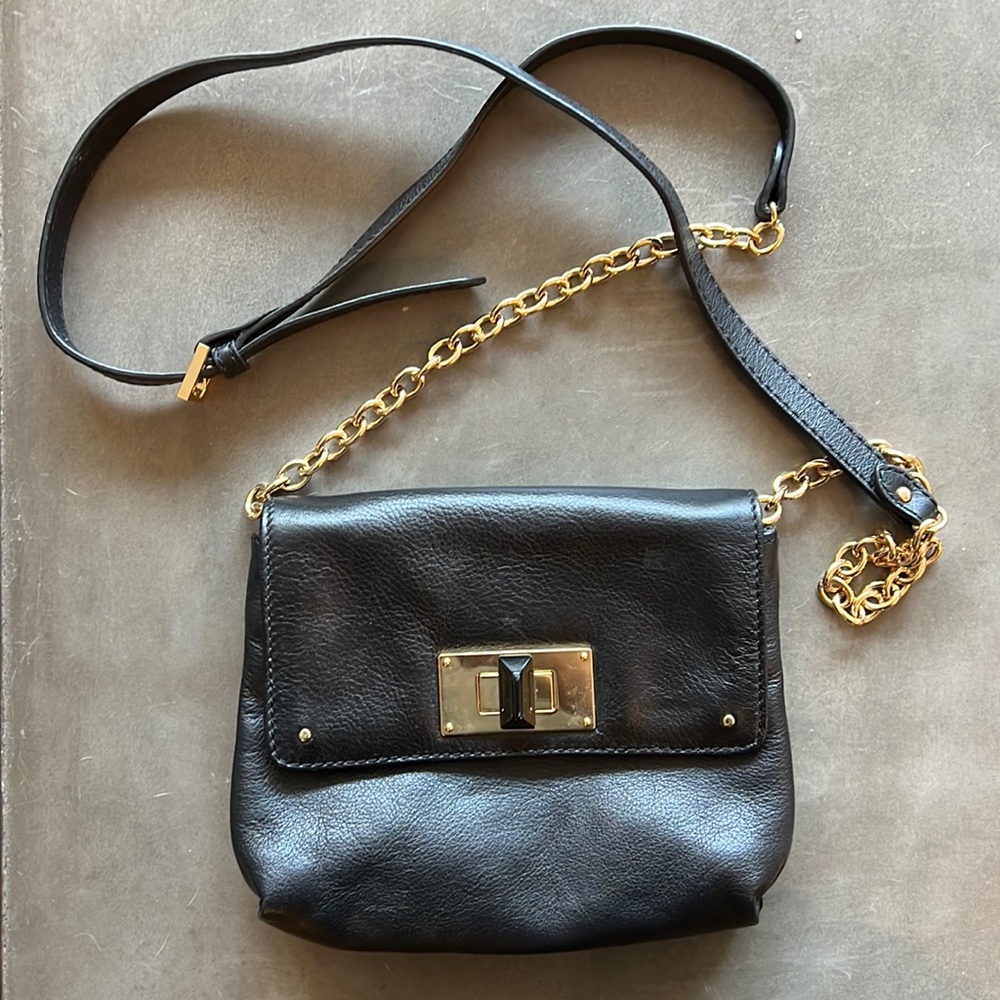 Club Monaco Black Leather w/ Gold Chain Crossbody Purse